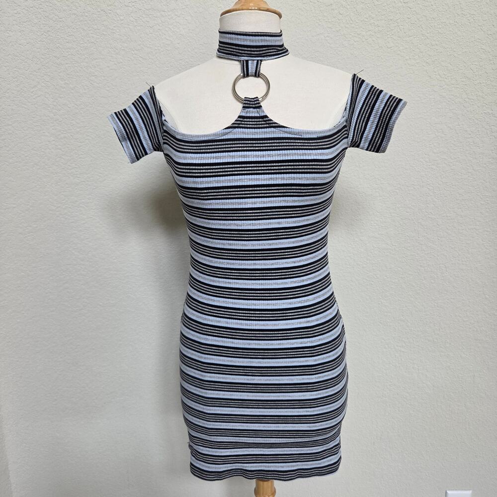 The Ragged Priest Bodycon Mini Dress Womens M Striped Ribbed Choker Neckline